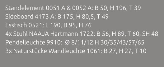 Standelement 0051 A & 0052 A: B 50, H 196, T 39 Sideboard 4173 A: B 175, H 80,5, T 49 Esstisch 0521: L 190, B 95, H 7...