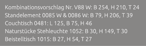 Kombinationsvorschlag Nr. V88 W: B 254, H 210, T 24 Standelement 0085 W & 0086 W: B 79, H 206, T 39 Couchtisch 0481: ...